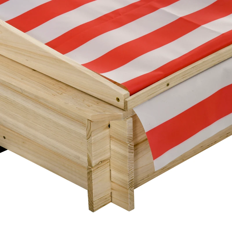 Outsunny Kids Wooden Sand Pit with Cover Children Sandbox Playset Outdoor Backyard w/ Adjustable Canopy Shade, Bottom Liner, Seat, Plastic Basin