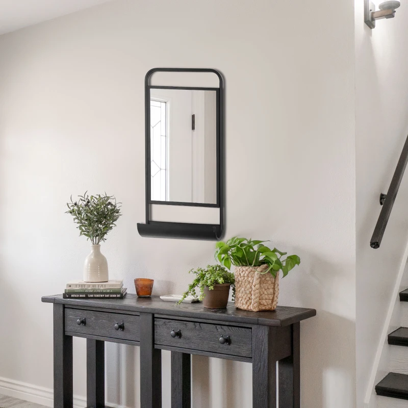 HOMCOM Specchio da Parete con Mensola Inferiore e Struttura in Metallo, 36.2x12x71.7cm, Nero