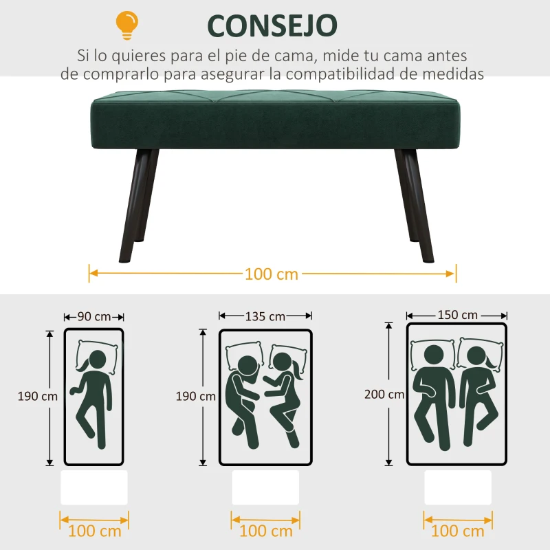 HOMCOM Taburete Pie de Cama Multifuncional con Pies de Acero y Asiento Acolchado para Entrada Pasillo 100x36x45 cm Verde