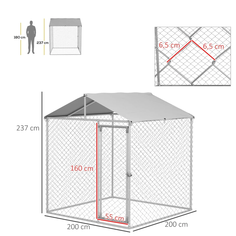 PawHut Jaula de Exterior para Perros Medianos con Cerradura Marco de Acero Toldo Impermeable y Anti-UV 200x200x237 cm Plata