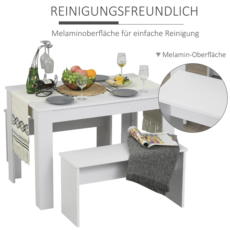 HOMCOM Essgruppe mit 2 Bänken, 3-teilige Esszimmergruppe, Küchentisch, Esszimmergarnitur Sitzgruppe Tischgruppe, Weiß, 110x70x75 cm (Tisch), 86x30x44,8 cm (Bank)