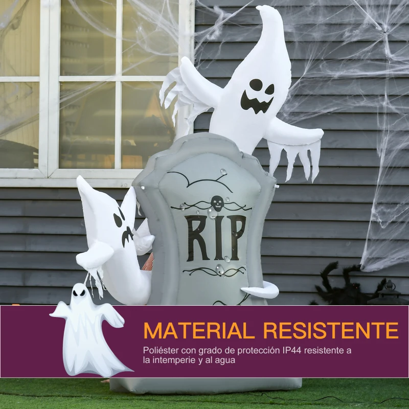 HOMCOM Fantasmas Inflables para Halloween con Luces LED Decoración Hinchable de Halloween para Interiores Exteriores Fiestas 110x38x154 cm Blanco y Gris