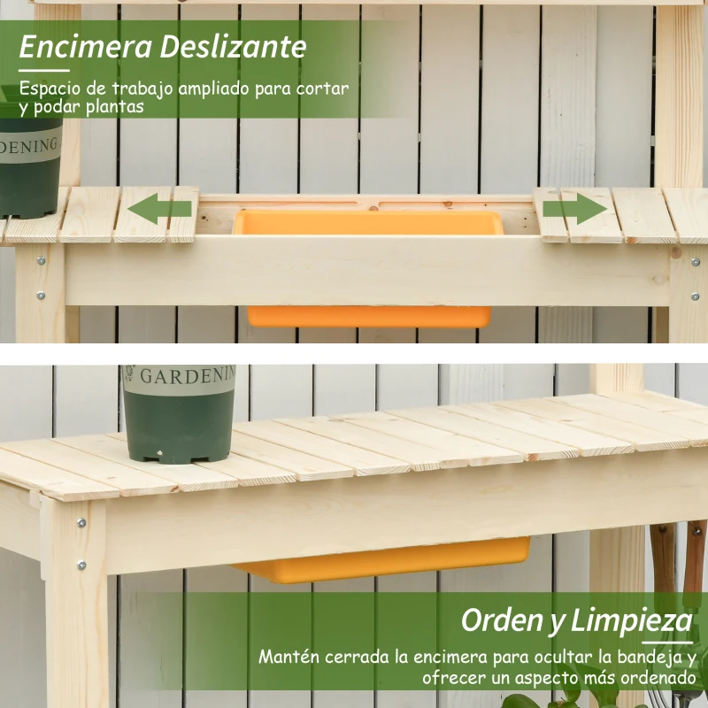 Outsunny Mesa de Plantación de Madera Mesa para Macetas Mesa de Trabajo con Tablero Deslizante 3 Estantes Ganchos Jardín Patio Garaje 100x40x140 cm Natural