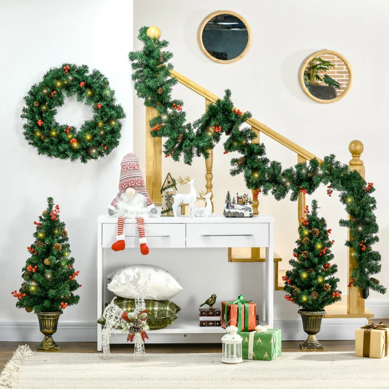 HOMCOM Lot de 4 pièces décoration de Noël Lumineuse 1 Couronne + 1 Guirlande + 2 sapins de noël