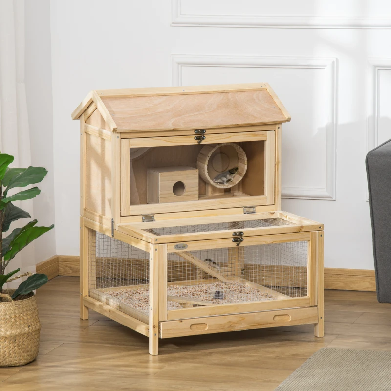 PawHut Wooden Hamster Cage with Pull-Out Tray, Two Tier Small Animal Hutch with Openable Top, Ladder, Seesaw, Running Wheel,  - Natural