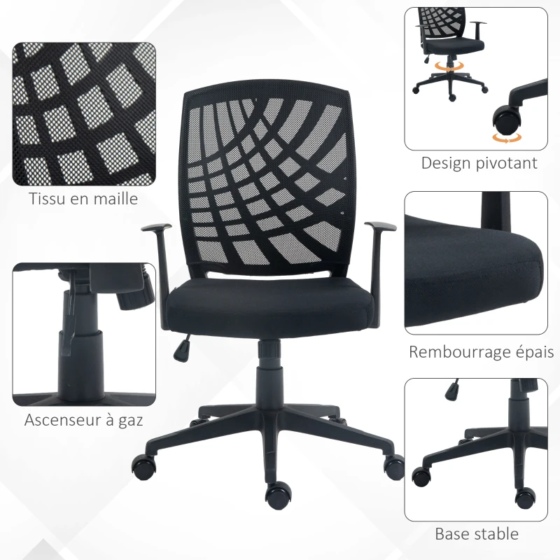 HOMCOM Fauteuil de bureau avec accoudoirs hauteur réglable pivotante 360 ° roulettes revêtement maille, noir