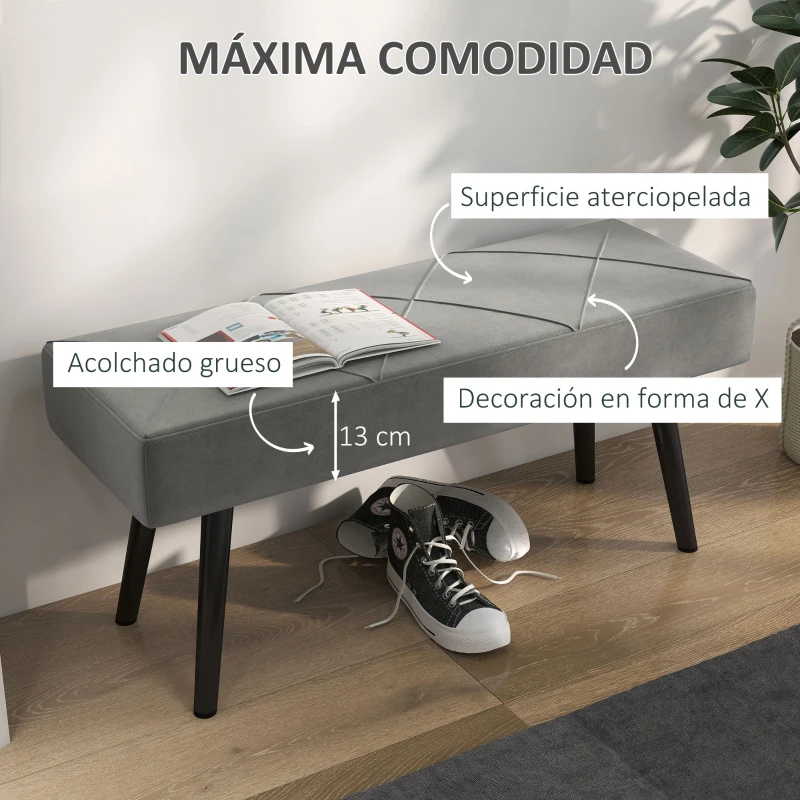 HOMCOM Taburete Pie de Cama Multifuncional con Pies de Acero y Asiento Acolchado para Entrada Pasillo 100x36x45 cm Gris