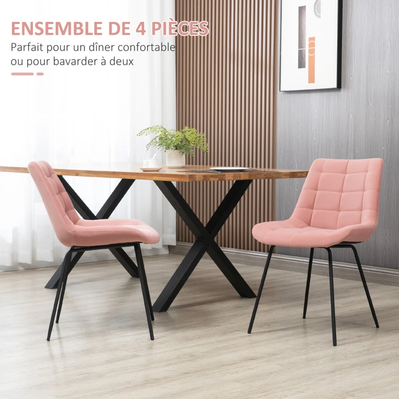 HOMCOM Lot de 4 chaises de salle à manger en tissu aspect velours capitonné et piètement métal noir 50 x 61 x 79 cm rose