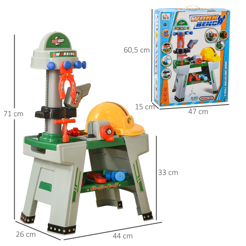 HOMCOM Kinder Werkbank mit Werkzeug Arbeitstisch Werkbanktisch mit 37 Zubehören Rollenspiel Spielzeug für Kinder ab 3 Jahren PP-kunststoff Grün+Grau 44 x 26 x 71 cm