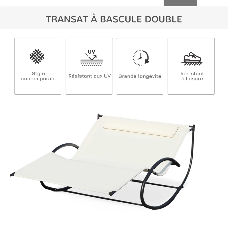 Outsunny Bain de Soleil transat à Bascule 2 Places Design Contemporain Assise Dossier ergonomiques Oreiller fourni métal Noir textilène crème