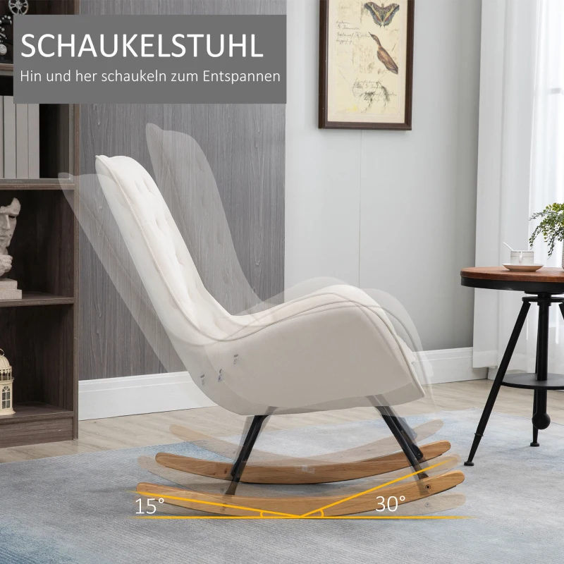 HOMCOM Schaukelstuhl im Skandi-Design Relaxsessel, Knopfheftung, 69 cm x 90 cm x 100 cm, Creme + Natur + Schwarz