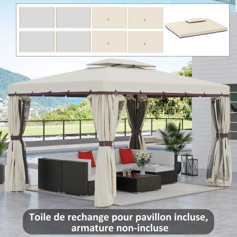 Outsunny Toile de rechange pour pavillon tonnelle tente polyester haute densité 4 rideaux 4 moustiquaires 389 x 290 cm beige