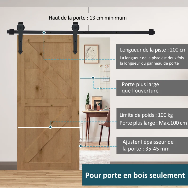 HOMCOM Kit de porte coulissante système galandage pour porte épaisseur 35-45 mm largeur max. 1 m charge max. 100 Kg acier noir