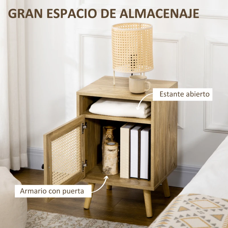 HOMCOM Juego de 2 Mesillas de Noche Estilo Cannage con Puerta y Estante Abierto Mesas Auxiliares 39x35x60 cm Natural
