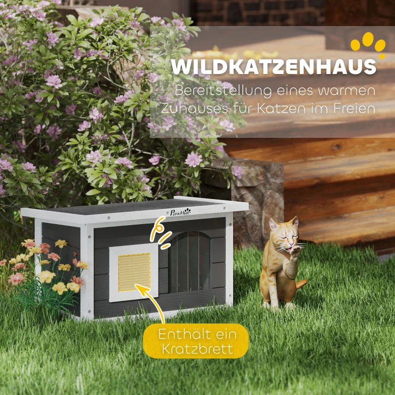 PawHut Katzenhaus, Rückzugsort für Katzen und Kaninchen, Holzhaus mit Kratzmatte, Türklappe, 61 x 45 x 36,5 cm, Grau(m-4)