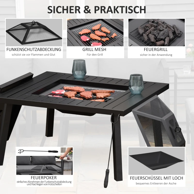 Outsunny Feuerschale Feuertisch mit Schürhaken Funkenschutz Feuerkorb Feuerstelle für Garten Camping BBQ Stahl Schwarz 81 x 81 x 53 cm