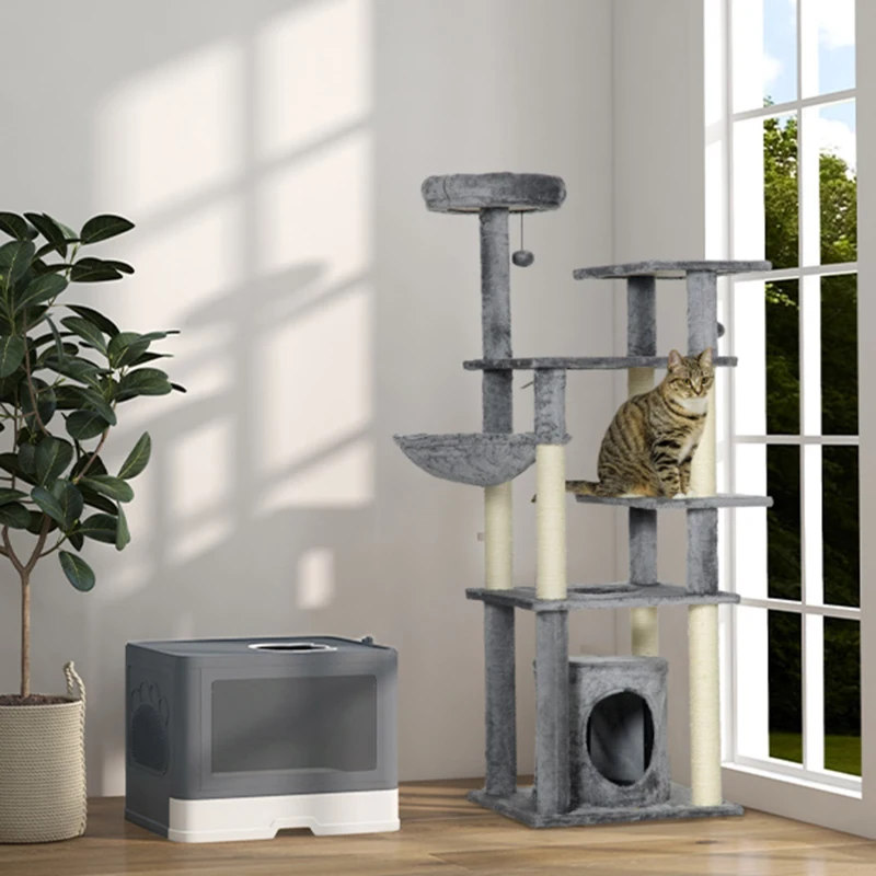PawHut Torre para Gatos Grande de 144 cm con Postes para Rascar Cama Cueva Plataformas y Bolas Colgantes 49x49x144 cm Gris