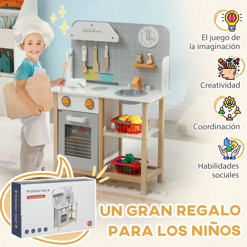 AIYAPLAY Cocinita Infantil Cocinita de Madera Infantil con Sonido Fogón Horno Grifo Fregadero y Accesorios de Cocina Gris