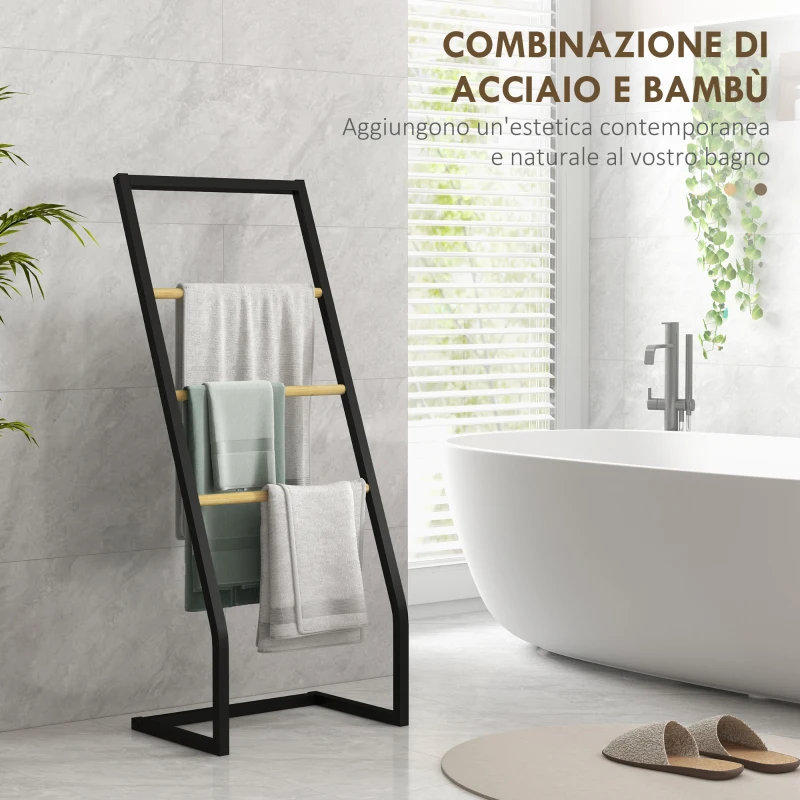 HOMCOM Portasciugamani a 4 Sbarre in Acciaio e Bambù, 40.5x28x98cm, Nero e color Legno