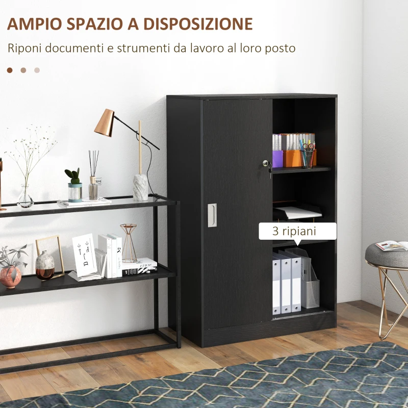 HOMCOM Armadietto da Ufficio a 3 Ripiani con 2 Chiavi di Sicurezza e Ante Scorrevoli, 80x40x120 cm, Nero