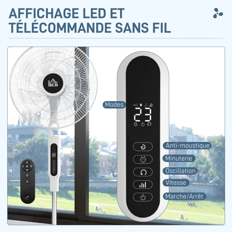 HOMCOM Ventilateur sur pied Ø 42cm 40W 3 modes 28 vitesses, fonction anti-moustique, hauteur réglable oscillant 75° blanc
