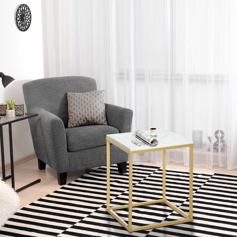 Outsunny Tavolino da Caffè per Casa e Giardino in Metallo con Effetto Marmo, 40x40x50cm, Oro