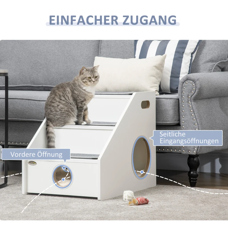 PawHut 2 in 1 Haustiertreppe Schlafhöhle 3-stufige Hunderampe Katzentreppe mit Kissen Hundetreppe Tiertreppe mit rutschfestem Teppich für kleine Hunde und Katzen Plüsch Weiß 60 x 43 x 51 cm