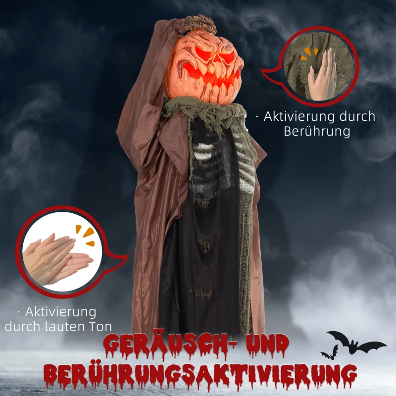 HOMCOM Totenkopf-Kürbis, Helloweendeko, gruselige Laute, rote Augen, beweglicher Arm, 183 cm(m-6)