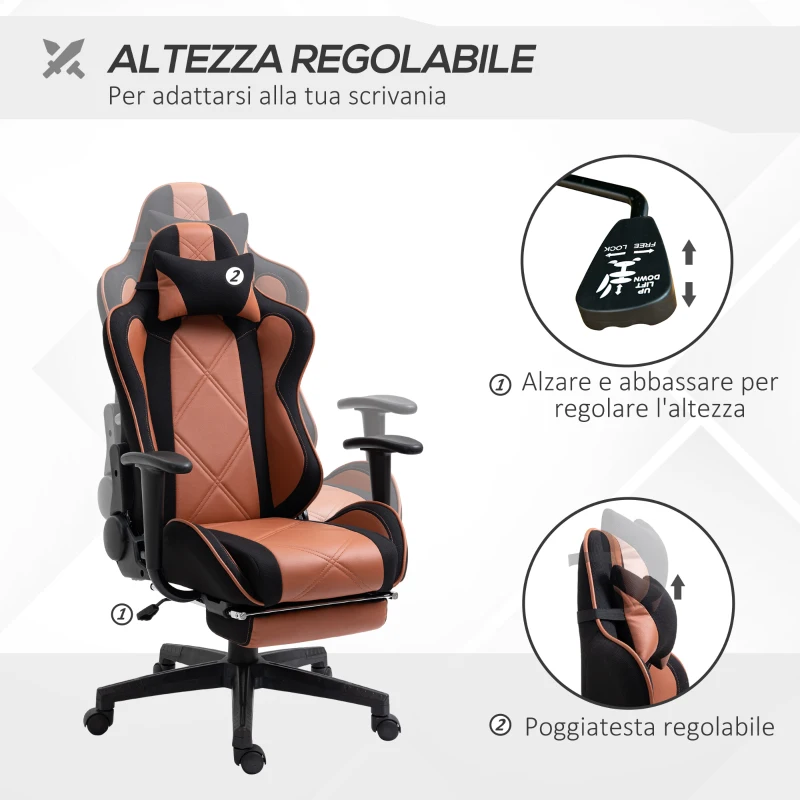 Vinsetto Poltrona da Ufficio con Altezza Regolabile Poggiatesta e Poggiapiedi Estraibile, Nera e Marrone 64x57x120-130cm