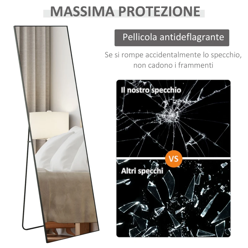 HOMCOM Specchio Verticale da Parete o da Terra in Metallo e Lega di Alluminio, 50x2x161.5 cm, Nero