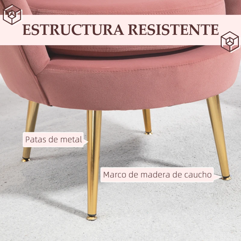HOMCOM Butaca Tapizada en Terciopelo Butaca de Dormitorio con Respaldo en Forma de Concha y Patas Doradas 76x67x74 cm Rosa