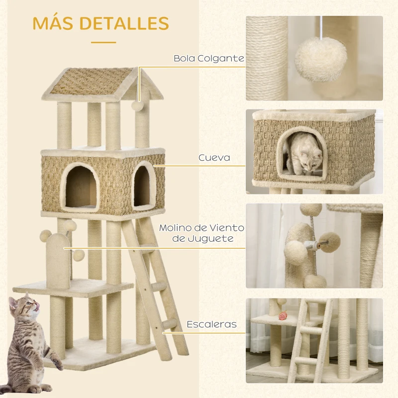 PawHut Árbol Rascador para Gatos Grande Altura 131 cm con Cueva de Algas Postes de Sisal Natural Plataformas Bola Colgante y Molino de Viento de Juguete 69x40x131 cm Beige
