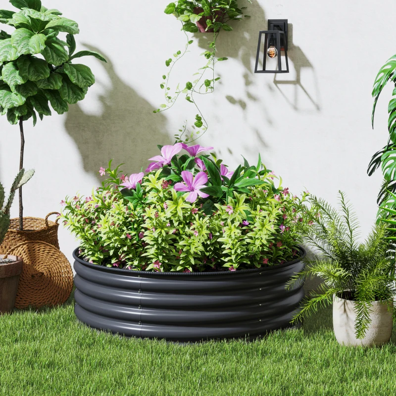 Outsunny Galvanised Raised Garden Bed with Safety Edging, Outdoor Raised Planter Box with Gloves, 120 x 120 x 43cm, Dark Grey