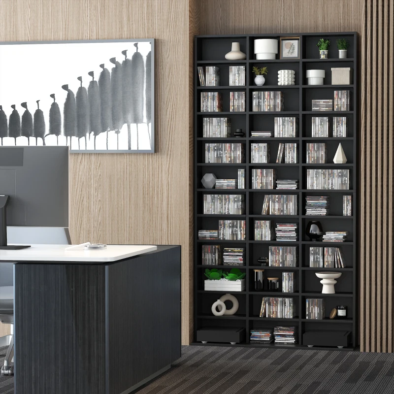 HOMCOM Rangements pour CD et DVD, étagère rangement, capacité max. 1116 CD/528 DVD, 36 compartiments et étagères réglables, pour bureau, salon, chambre, 102 x 23,5 x 195 cm, noir