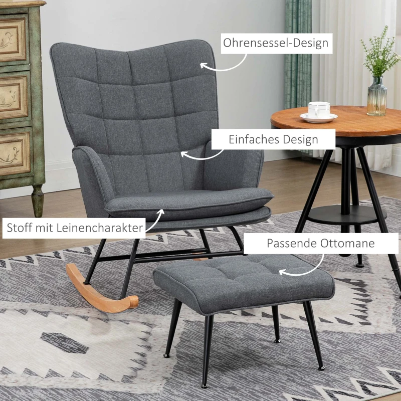 HOMCOM Schaukelstuhl mit Hocker, komfortabel, bis 130 kg, Leinenoptik, 64x89x90cm, Grau(m-5)
