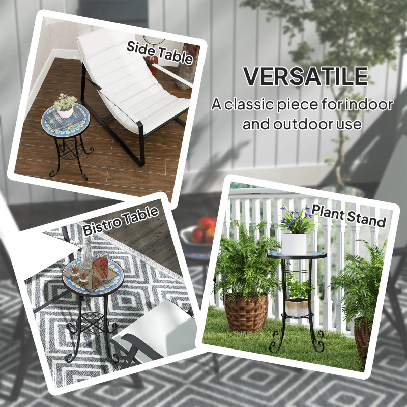 Outsunny Mosaic Garden Table, 35.5 cm Round Outdoor Table with Shelf, Ceramic Tile Top, Small Garden Side Table Bistro Table End Table Plant Stand for Indoor, Patio, Balcony, Blue
