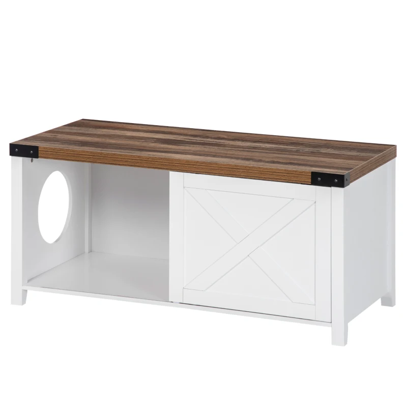 PawHut Mueble Arenero para Gatos Casa para Gatos de Madera 2 en 1 con Puerta Corredera 109x51x52 cm Blanco