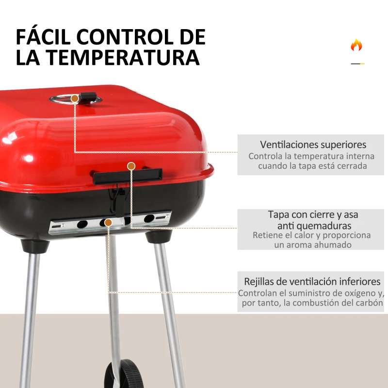 Outsunny Barbacoa de Carbón Picnic con Ruedas y Estante Parilla de Carbón Vegetal  BBQ Jardín Exterior Ahumador Parilla Acampada 48x52,5x79,5 cm