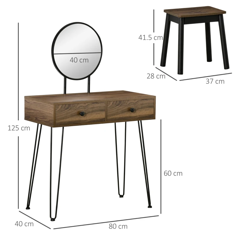 HOMCOM Set Tavolo per Trucco con Sgabello e Specchio Makeup, in Legno e Metallo, Color Noce