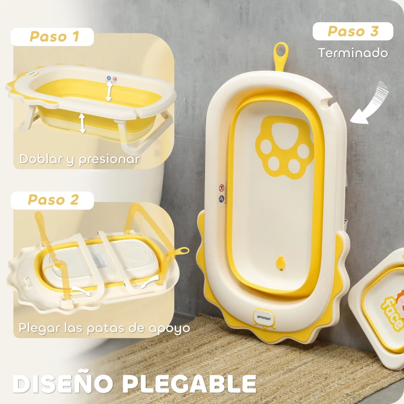 AIYAPLAY Bañera Plegable con Cojín Palangana Patas Almohadillas Antideslizantes Orificio de Drenaje y Agujero de Ducha Amarillo