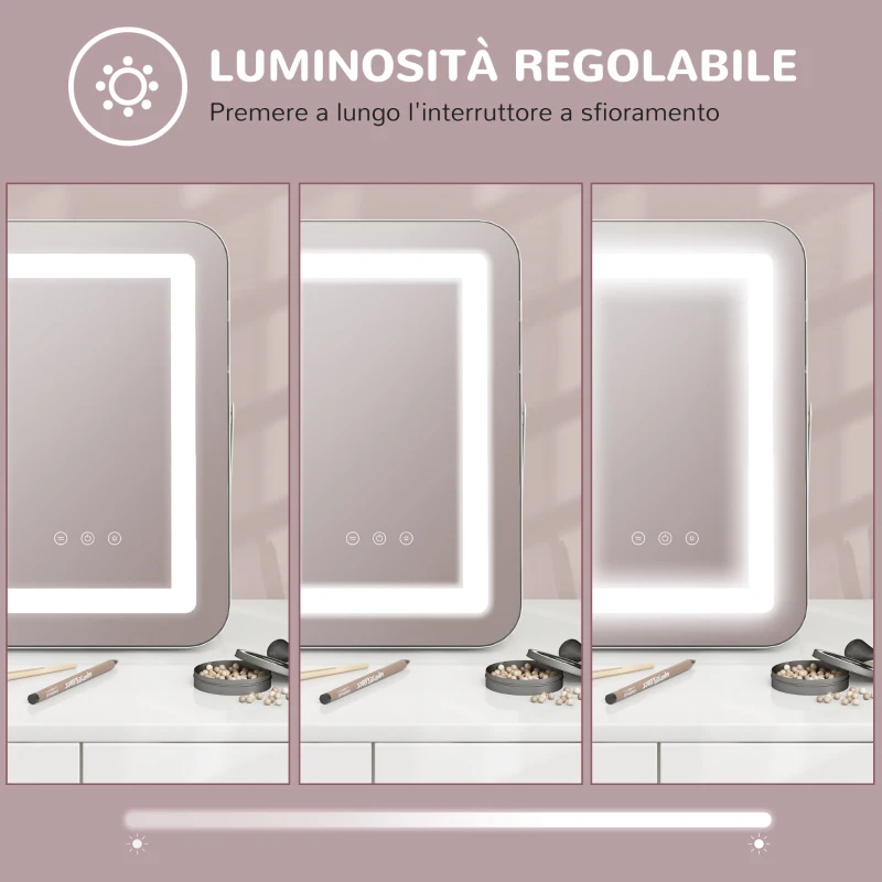 HOMCOM Specchio Trucco con Luci Regolabili a 3 Colori, Presa USB e Specchietto Ingranditore 10x, 31x41.5x3cm, Bianco