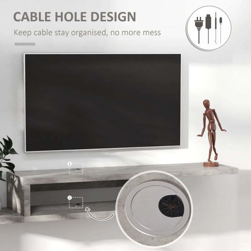 HOMCOM Floating TV Unit, Wall Mounted TV Stand with Open Shelf and 2 Cable Holes, Entertainment Unit for Living Room, Grey