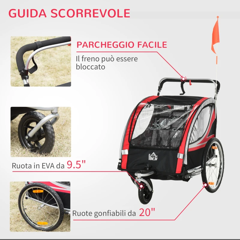 HOMCOM Rimorchio Bici per Bambini e Passeggino, Design 2 in 1 con Freno, Cintura a 5 Punti, Carrello Rimorchio per Bicicletta con Tasche Laterali, Catarifrangenti e Bandierina, Rosso