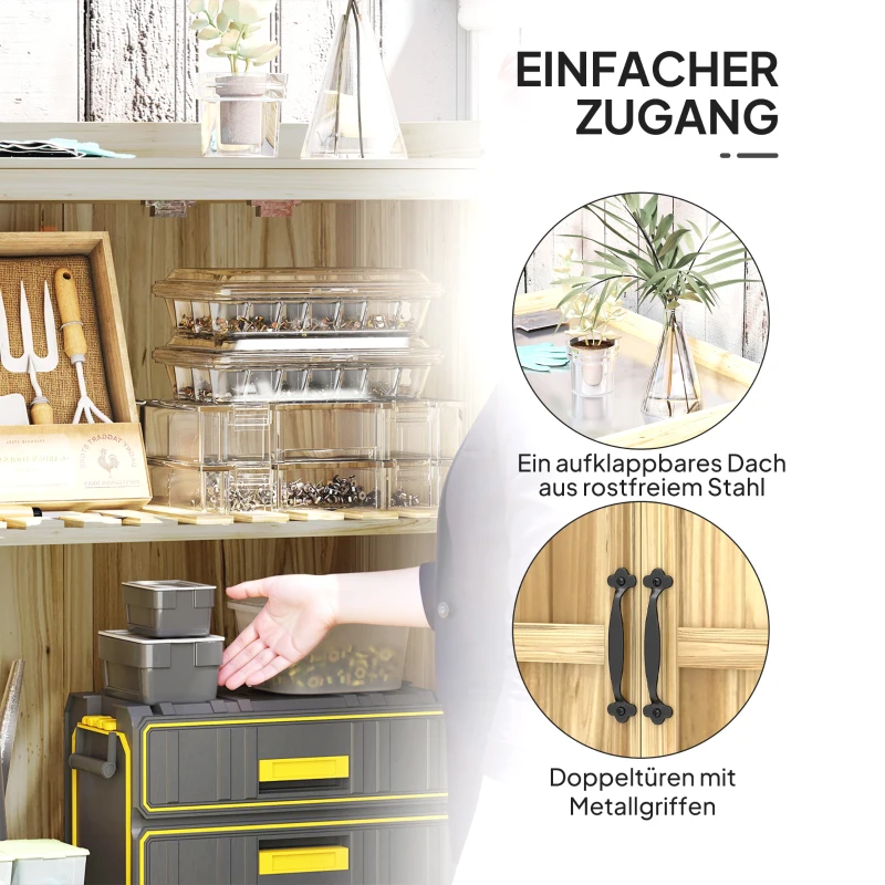Outsunny Gartenschrank, Werkzeugschrank für den Außenbereich, mit Arbeitsfläche, Holz und Edelstahl, Doppeltüren, Naturholz(m-5)