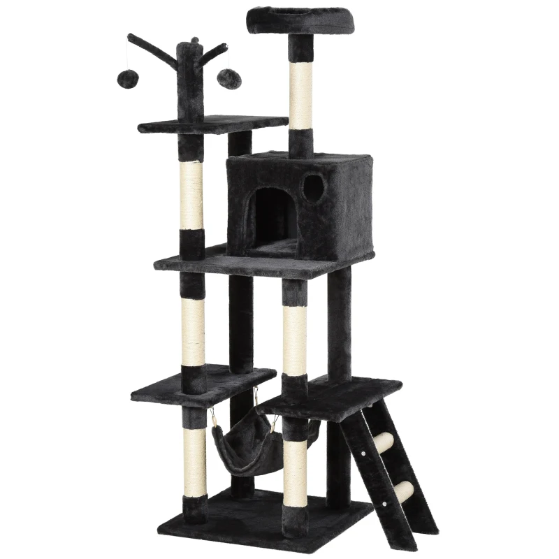 PawHut Árbol para Gatos Centro de Múltiples Actividades de Mascotas con Postes de Rascador Sisal Canasta Hamaca Hábitat Bolas Colgantes Habitación 49x49x155 cm Gris Oscuro
