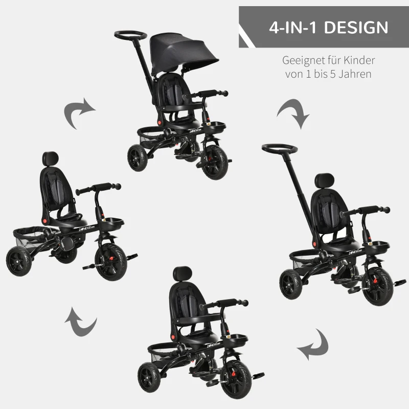 HOMCOM Dreirad mit Schubstange drehbarer Sitz 4-in-1 Kinderdreirad Kinder Fahrrad klappbar abnehmbar Kinderauto Metall EVA Schwarz 111,5 x 52 x 98 cm