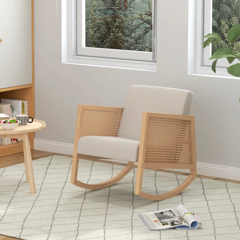HOMCOM Fauteuil à bascule rocking chair design tissu effet lin accoudoirs cannage style bohème structure en d'hévéa gris clair