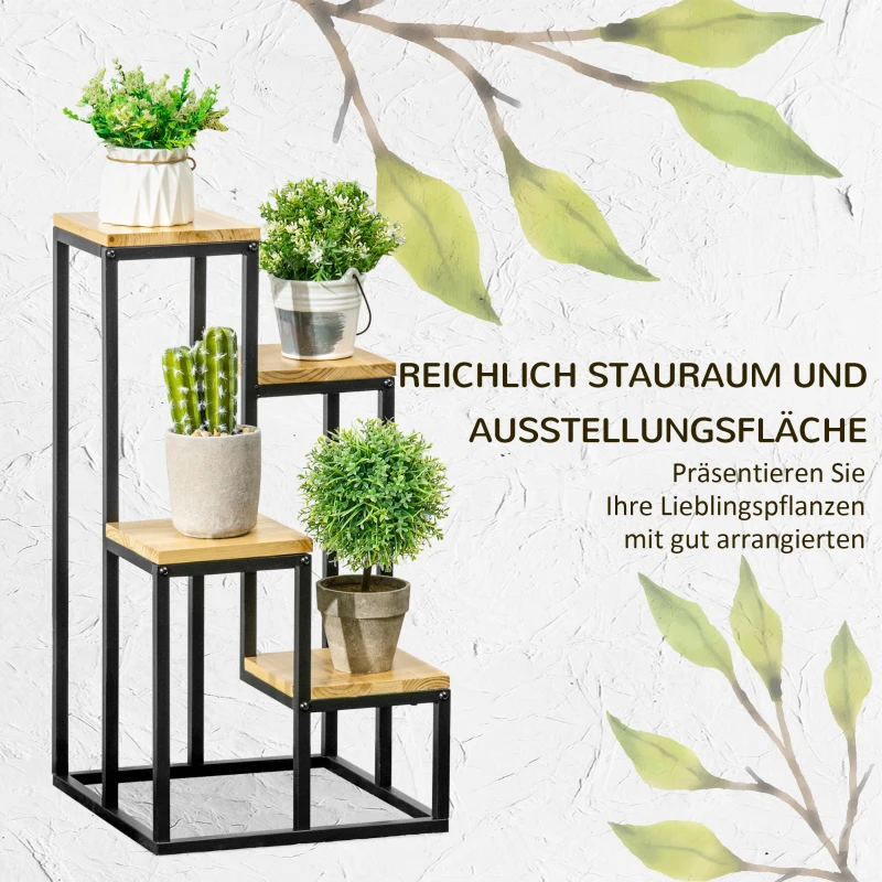 Outsunny Pflanzenständer im Industrie Design mit 4 Regalen, Blumentreppe, 34 cm x 34 cm x 66 cm, Natur + Schwarz