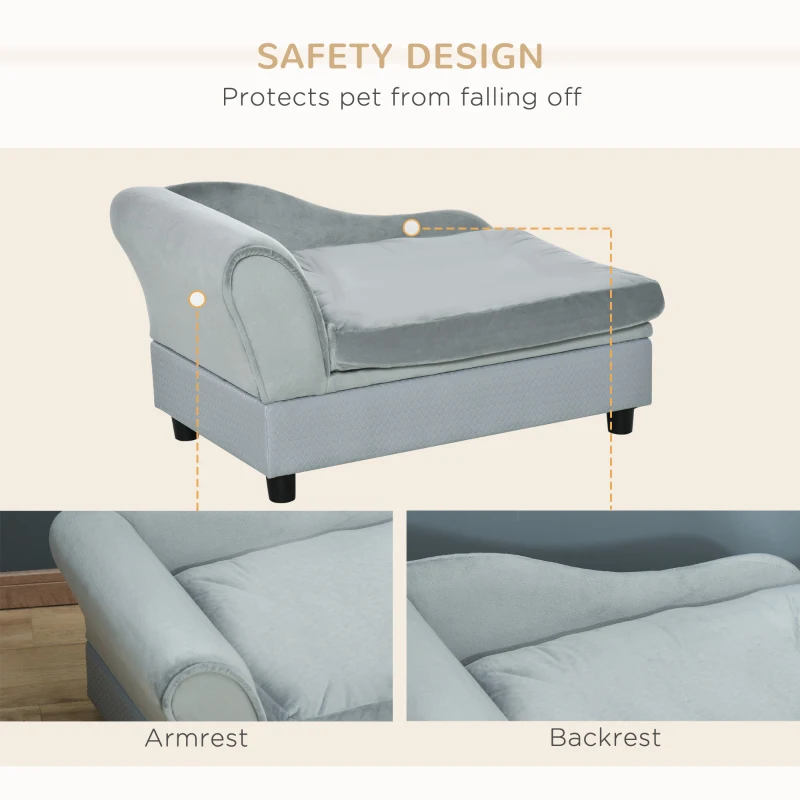 PawHut Dog Sofa for XS and S Size Dogs, Pet Chair Couch with Hidden Under Seat Storage, Kitten Sofa Bed with Soft Cushion Washable Cover, Wooden Frame - Grey