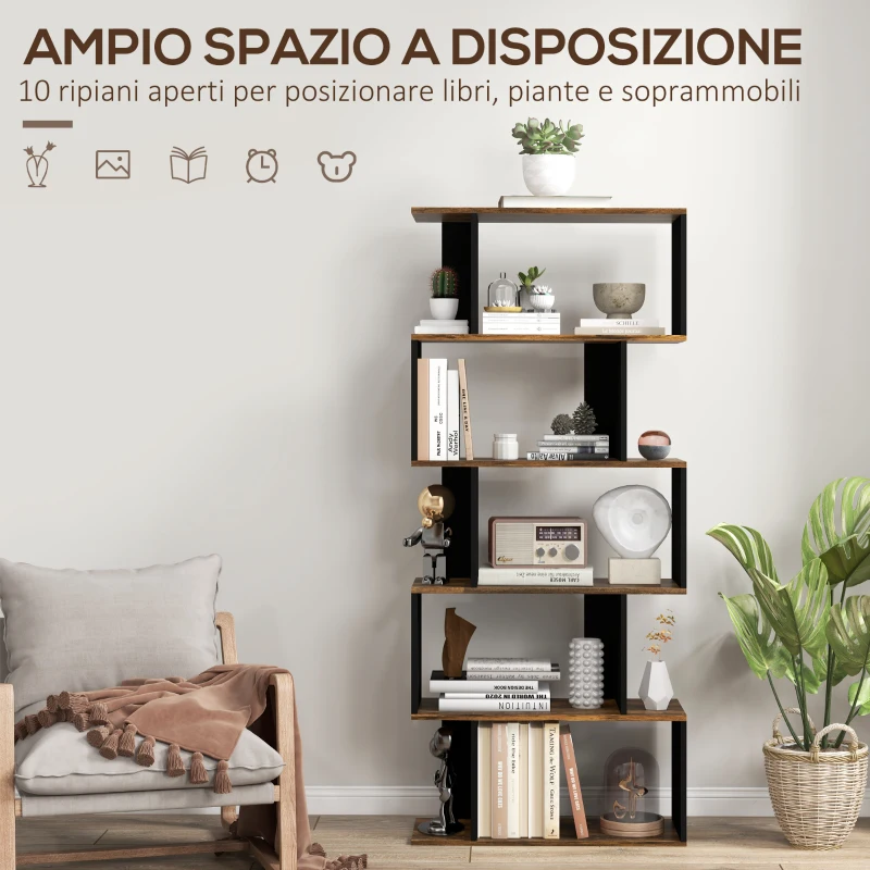 HOMCOM Libreria Moderna Asimmetrica a Parete con 5 Ripiani in Legno, 70x29.5x163cm, Marrone Rustico